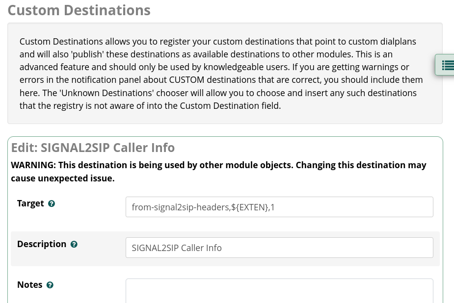 FreePBX Custom Destinations, Target set to from-signal2sip-headers,${EXTEN},1